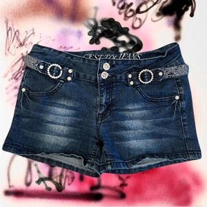 C'est Toi Jeans Denim Shorts with Rhinestone Belt